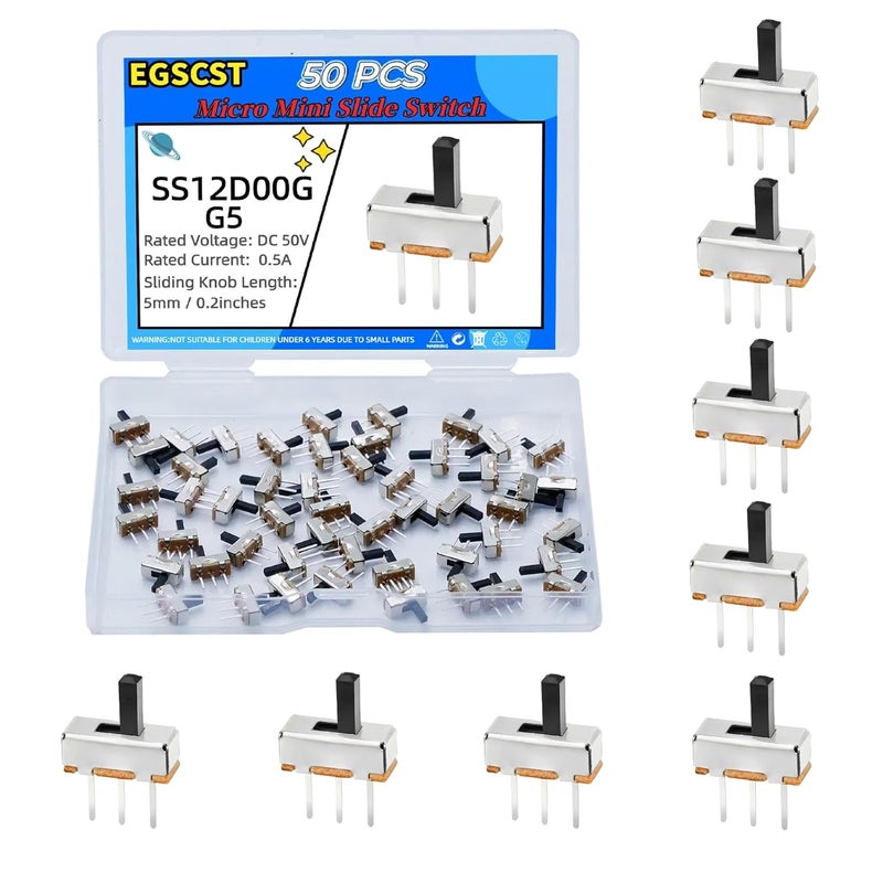 EGSCST 50PCS Micro Mini Slide Switch SPDT Toggle Switches 1p2t 2 Position 3 Pin Small Miniature Vertical Panel Mount Dip Knob for Arduino PCB Breadboard Electronic Project - SS12D00G 5mm DC 50V 0.5A - Image 1